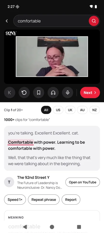 The app: search results for “comfortable” with the clip, the transcript and the meaning